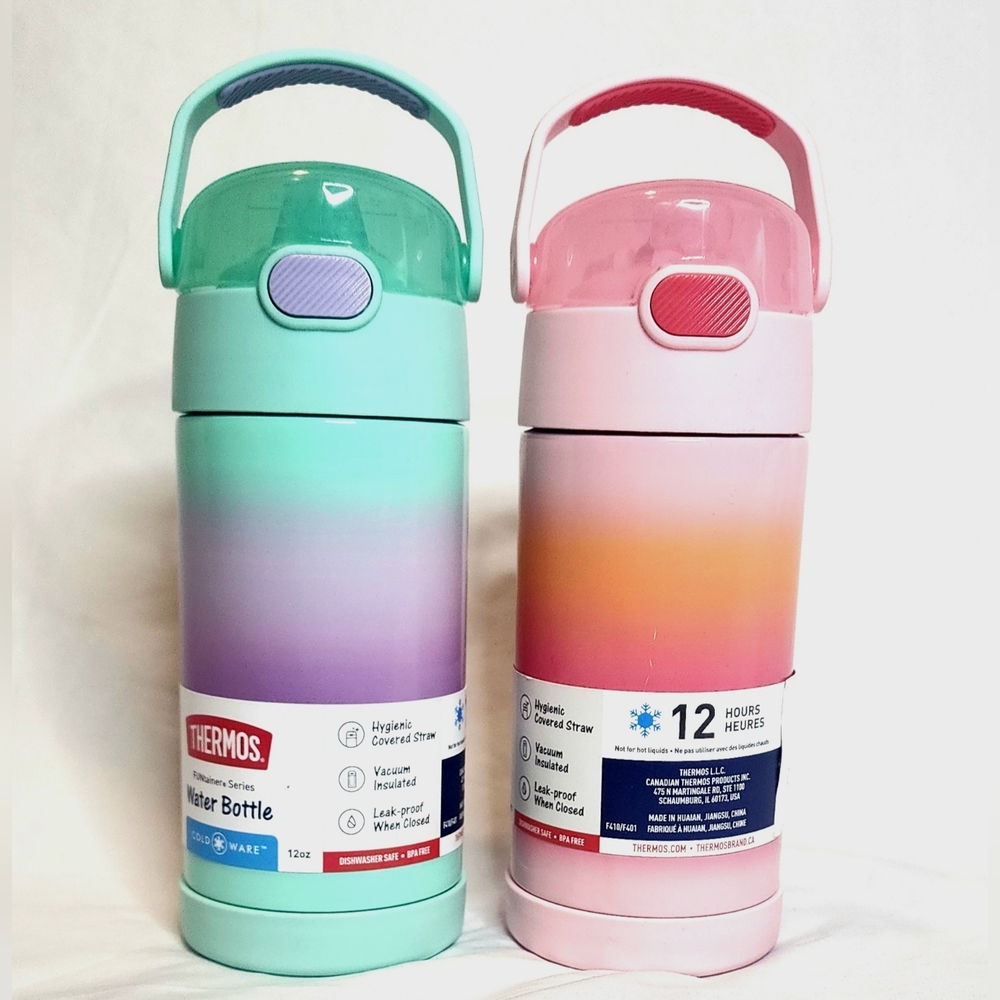 NEW Lot of 2 THERMOS FUNTAINER Water Bottles with Straws 12 Oz Stainless Steel